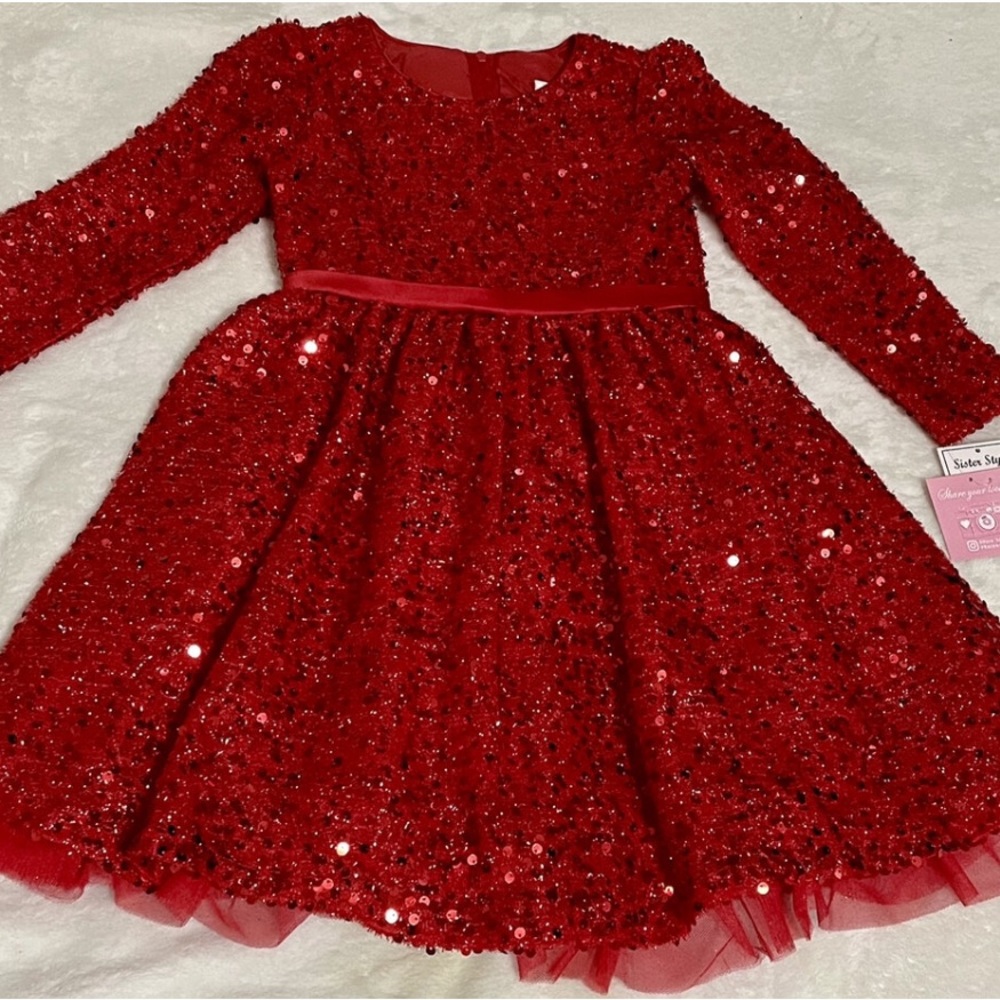 Toddler Girls Long Sleeve All-Over Sequin with Back Bow Social Dress **NWT**